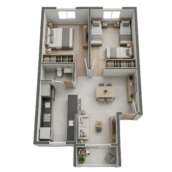 Planta Humanizada de 54m² com 3 Dormitórios e Terraço